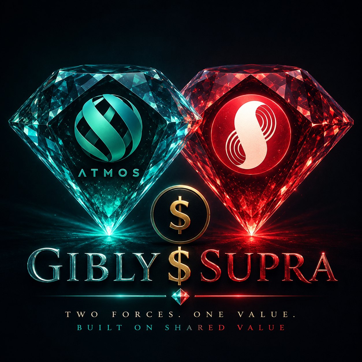 Two faceted gems representing Atmos and Supra, joined by a gold $ coin, symbolizing the Gibly AI and $GSP partnership.